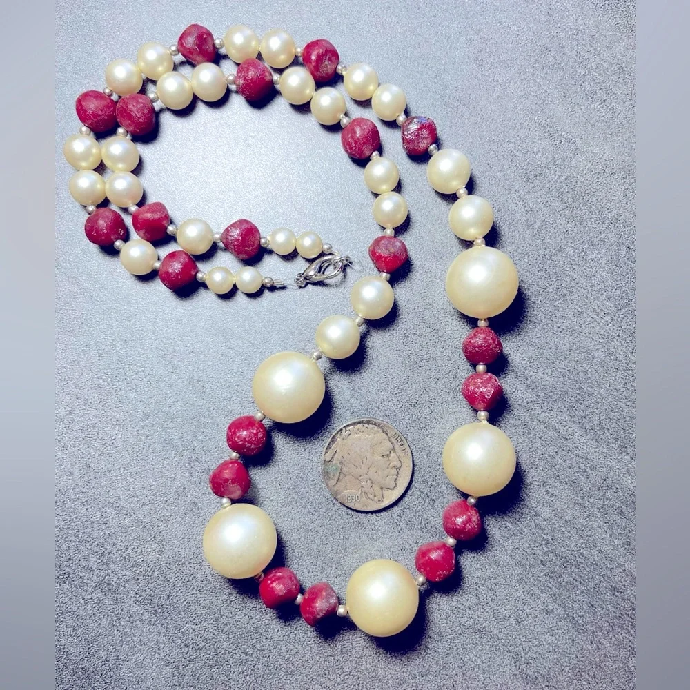 Vintage 1950’s Necklace Faux Pearl & Cranberry Colored Beads